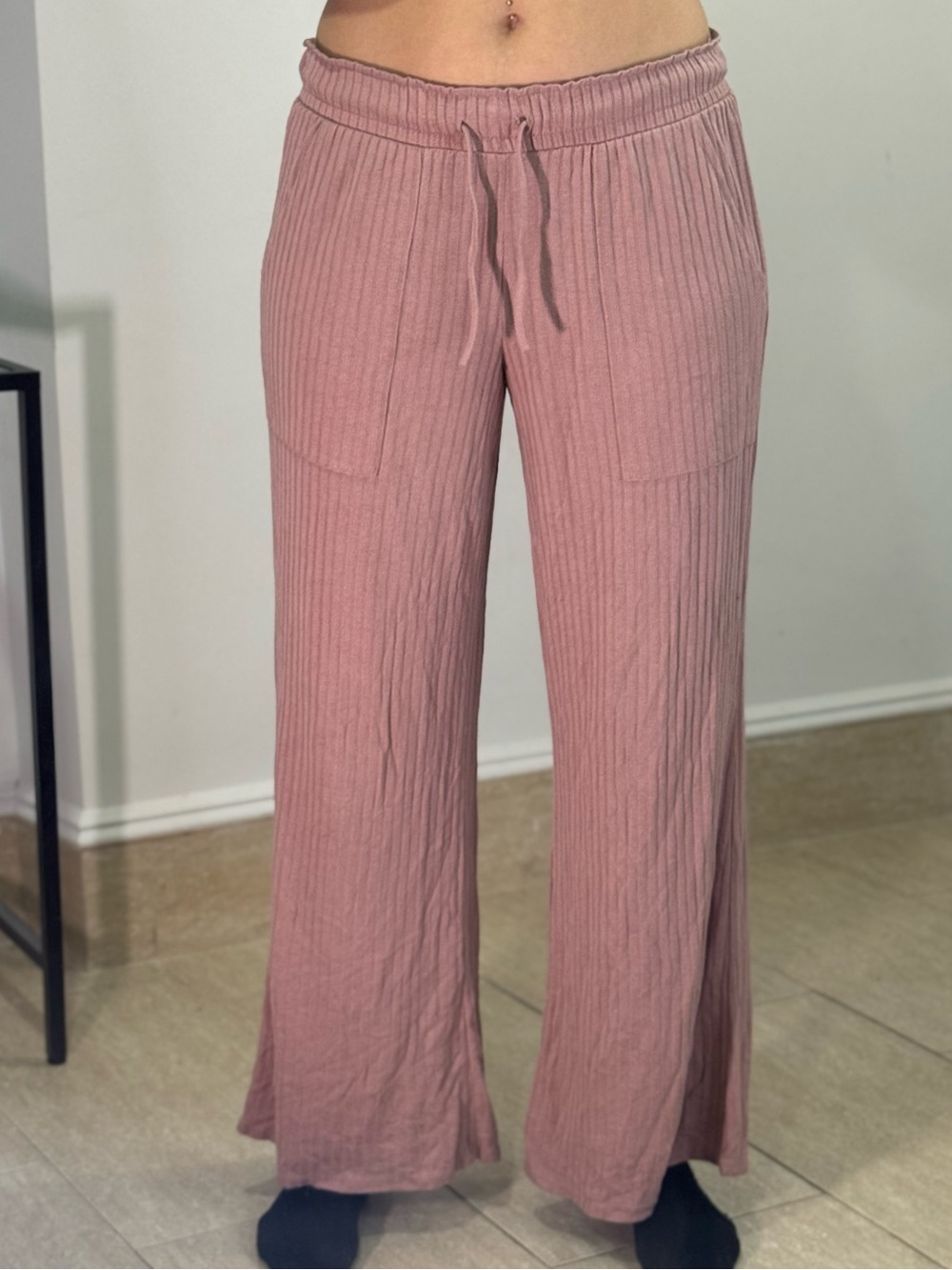 Mauve Ribbed Wide-Leg Lounge Pants
